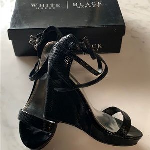 WHITE HOUSE BLACK MARKET—Black patent leather strappy croc wedges